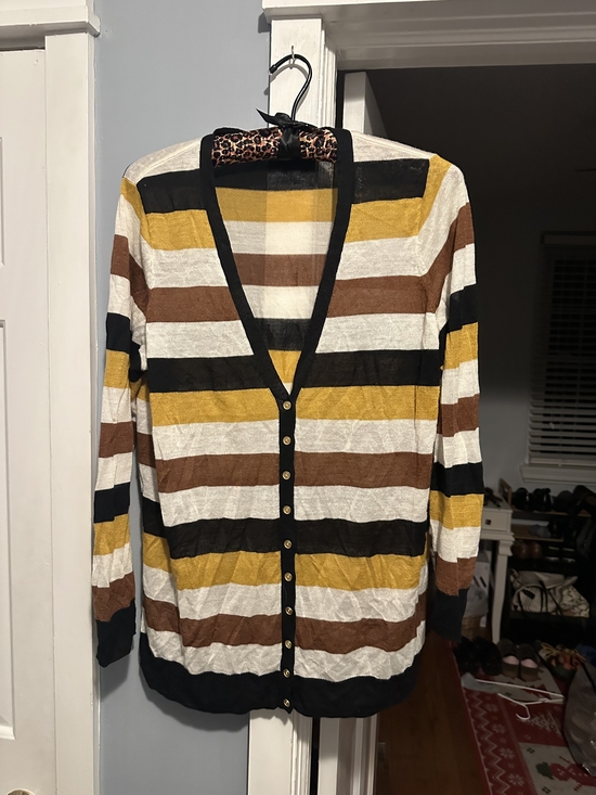 Eloquii Sweaters - Vintage Eloquii Striped V-Neck Button Cardigan in Yellow, Brown, Black, Cream